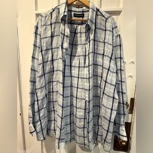 Nautica Linen Men's White and Blue Plaid Casual Shirt
